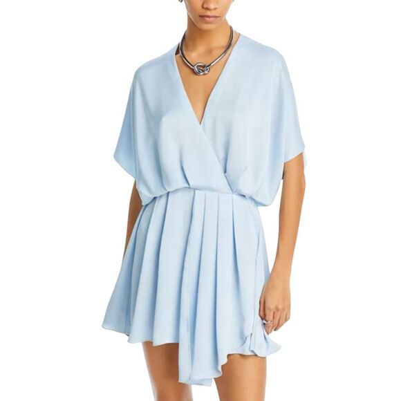 Ramy Brook Lillie Mini Dress Large Blue Silky Pleated Cocktail Party Wedding - Picture 1 of 7